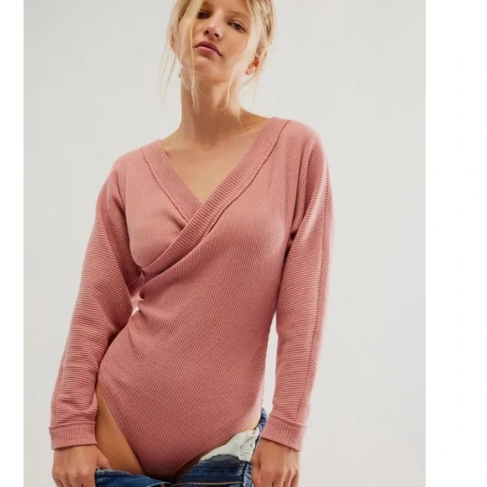 Free People Pink V-Neck Bodysuit Lovin This Feeling